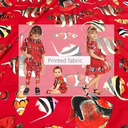 Italian Luxury Brand Fish Printed Red Fabric for Dress Handmade DIY Clothing Fabrics Wholesale Cloth Per Meter Sewing