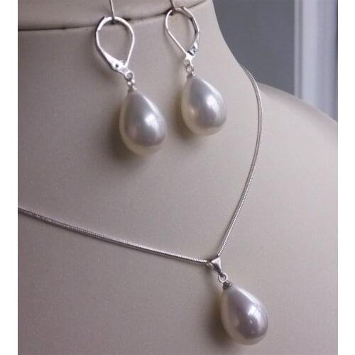 Nice 12 * 16mm white yellow Tibetan silver shell pearls earring pendant set