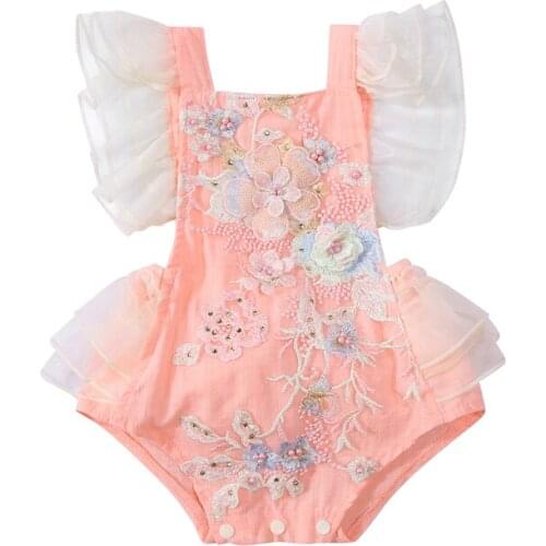 Cute Baby Girls Lace Bodysuit Summer Ruffle Sleeve Floral Embroidered Backless Bodysuits Newborn Girls Clothing Sunsuit