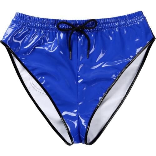 Iiniim Fashion Men Male Panties Drawstring Elastic Waistband Patent Leather Shorts Briefs with Pocket for Evening Clubwear