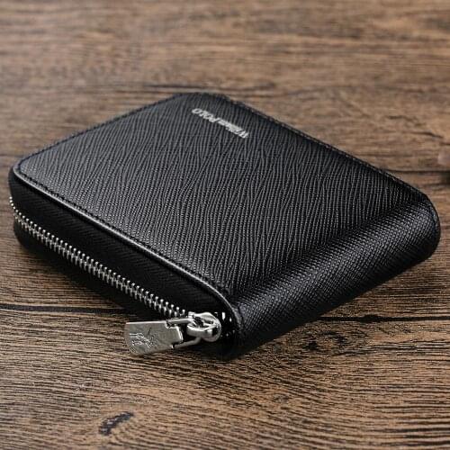 WILLIAMPOLO Genuine Leather Men Wallet Card Holder Case Coin Pocket Small Wallets Multiple Card Slots Zipper Claret Black 2018