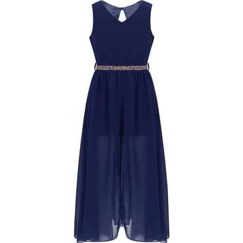 4-16 Kids Girls Sleeveless V Neck Short Jumpsuit Romper Maxi Dress with Sparkly Rhinestone Belt for Pageant Dance Birthday Party