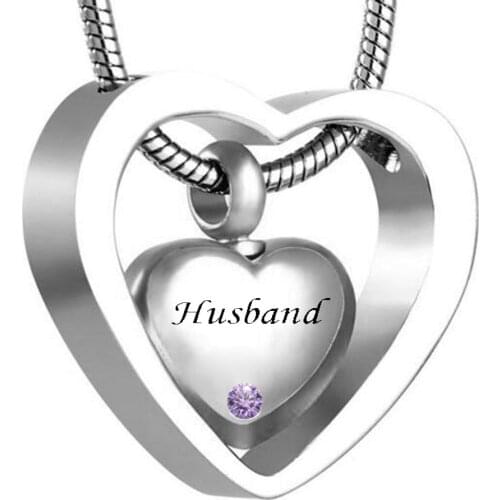 Custom Double Heart husband Twelve months birthstone Urn Necklace Pendant with Funnel ashes Keepsake Cremation jewelry
