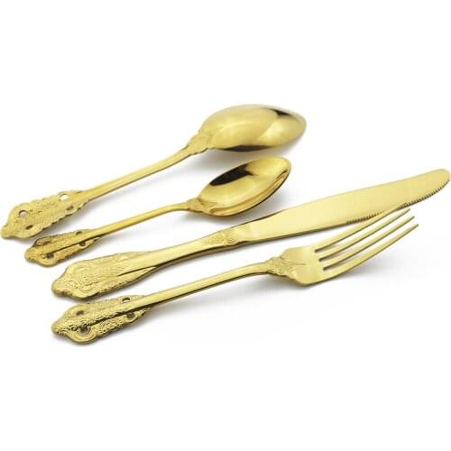 Dinnerware Stainless Steel Set Golden Luxury Vintage Western Gold Plated Cutlery Knife Fork Spoons Vintage Kitchen Untensile Set