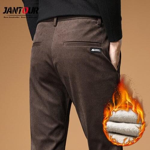 2020 New Winter Fleece Mens Corduroy Pants Stretch Elasticity Fit Business Thick Brand clothing Long Trousers Men 28-40