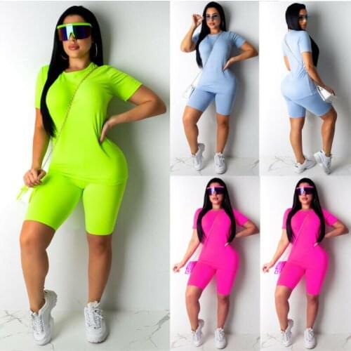 New 2 Piece Set Women Casual Solid Color Sports Suit Short Sleeves Crop Top High Waist Shorts Seamless Fitness Sportswear Set