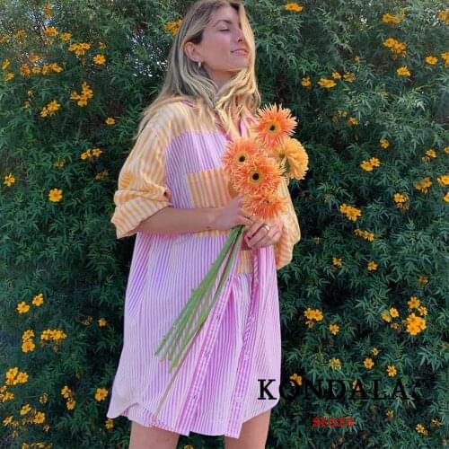 KONDALA Za Womens Shirt Striped Print Pockets V Neck Long Shirts Female Vintage Spring 2021 Fashion Blouses Oversized Chic Tops