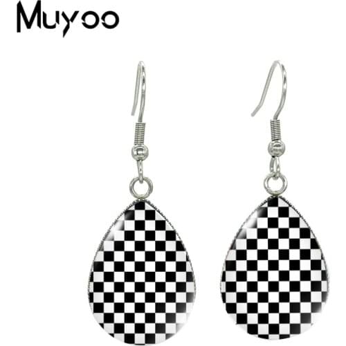 2021 New Black and White Checkerboard Tear drop Earring Geometric Fish hook Earrings Glass Cabochon Jewelry Handmade Items