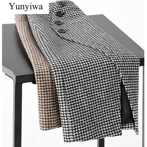 Woolen Houndstooth Skirt for Women Autumn Winter 2020 New A- line High Waist Slimming Mid-Length Slit Sheath Skirt Mujer Faldas