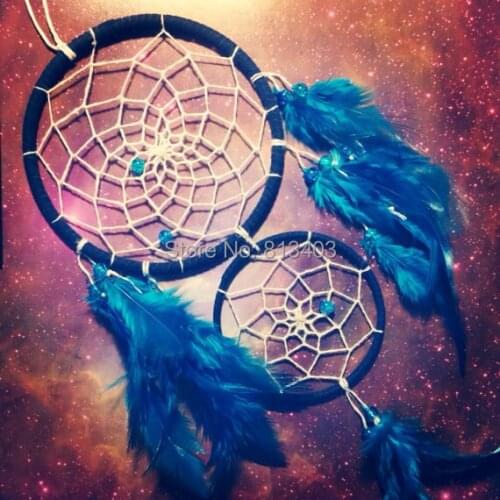 Blue double dream catcher, white web, blue feathers and bead finish 10cm diameter dreamcatcher hand made