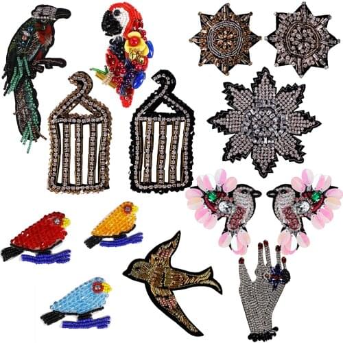 Beaded Birdcage Parrot Bird Swallow Crystal Floral Hand Rhinestone Sew on Patches Applique Embroidery Sequin Accessories TH570