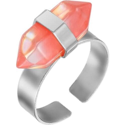 FYJS Unique Silver Plated Small Hexagon Column Cherry Quartz Resizable Finger Ring Lapis Lazuli Jewelry