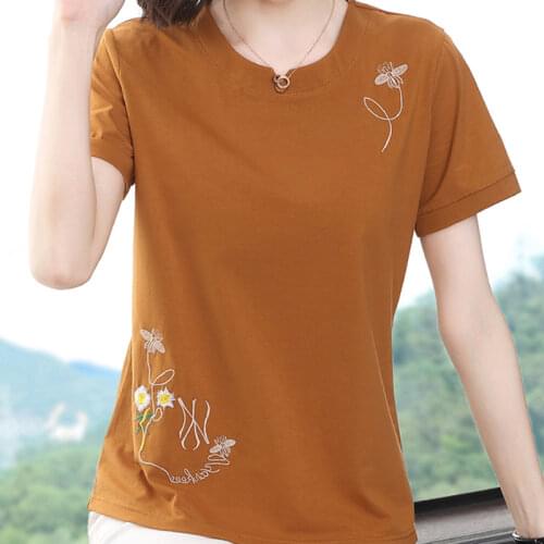 O-Neck Plus Size Women Tshirts Female Embroidery Tee Shirt Summer T-Shirt Cotton Casual Short Sleeve Solid Tees Korean Clothes