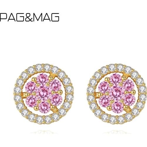 PAG&MAG Cute Flower Pink Zircon 925 Sterling Silver Stud Earrings For Women Wedding Engagement Earrings Fine Jewelry Gifts