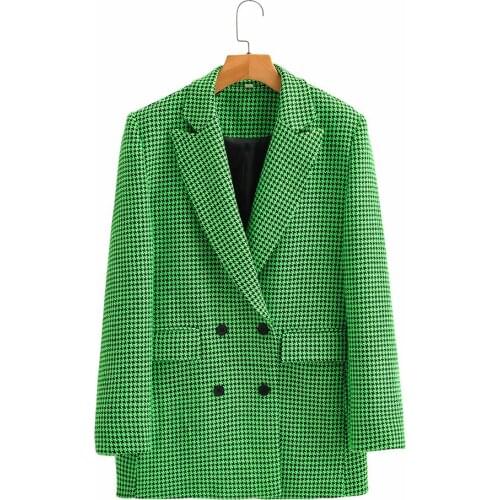 2021 Za New Women Fashion Double Breasted Tweed Check Blazer Coat Vintage Long Sleeve Pockets Female Outerwear Chic Veste