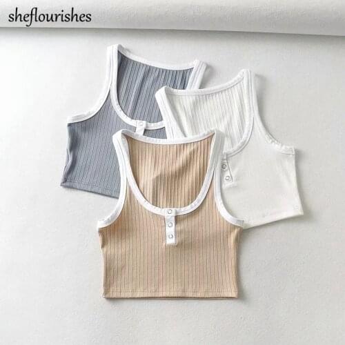 2021 Summer Tank Top Women Sleeveless Ribbed Tops Patchwork U neck Crop Top Korean Corset Crop Tank Top White Buttons tops khaki