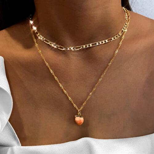 JUST FEEL 2020 Summer New Pink Peach Pendant Necklaces Multilayer Metal Choker Clavicle Necklace For Girl Cute Aesthetic Jewelry