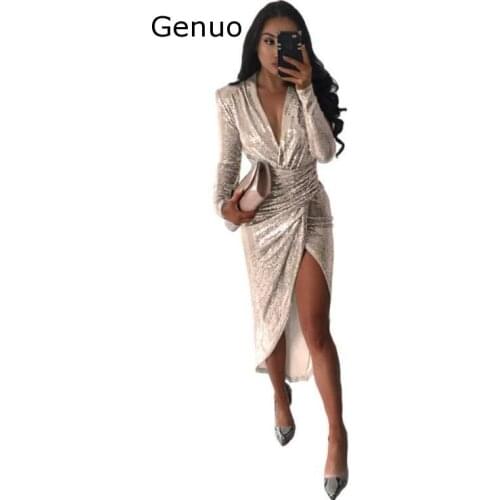 Genuo New 2020 Autumn Design Sexy Women Dress 2 Color Solid Sequins V-Neck Full Sleeve Ladies Midi Dress
