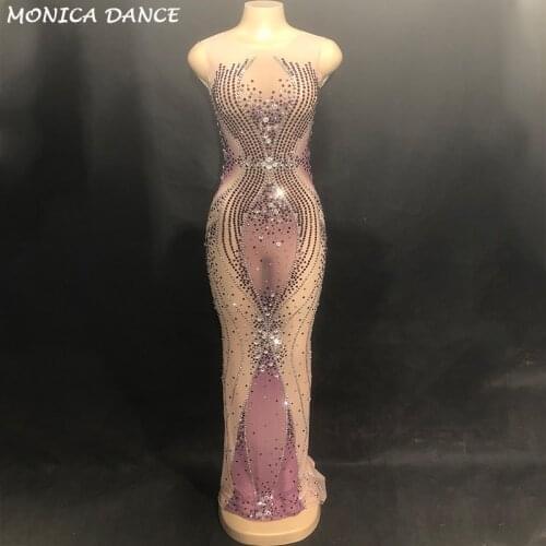 Womens Sparkly Purple Rhinestones Mesh Long Dress Birthday Party Dress Evening Dance Outfit See Through Prom Celebrate Dresses