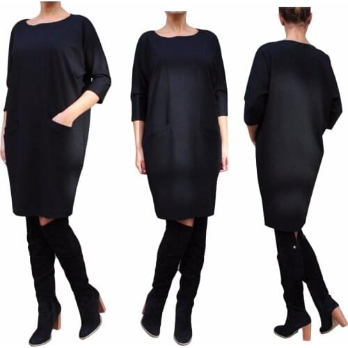 2019 Women Loose O-neck Autumn Dress Plus size Clothes Solid color Black Dresses