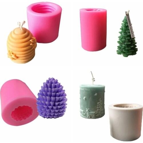 4 Pieces Pack 3D Silicone Mold Silicone Candle Mold Christmas Tree Mold Pine Cone Mold Honeybee Mold Elk Candle Mold