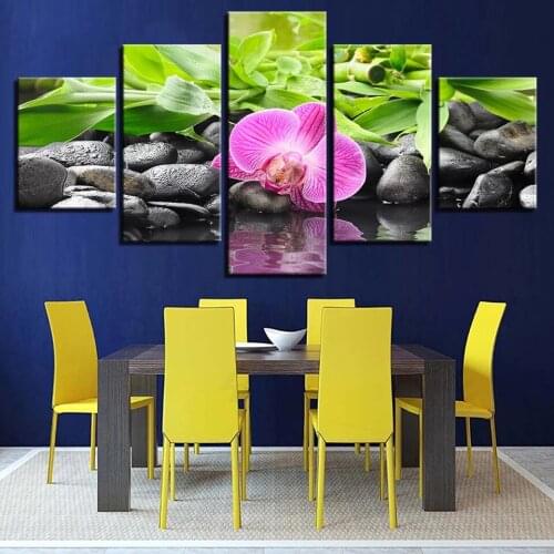 5 Pieces Canvas Painting Living Room Decoration Frameless Stone Bamboo Orchid Flower Painting Wall Art Custom Photo HD Modular