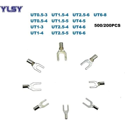 500/200Pcs Non-insulated Spade Terminal Electric Fork Naked Crimp Terminales UT0.5-3~UT6-8 Wire Cable Connector 0.5~6mm2