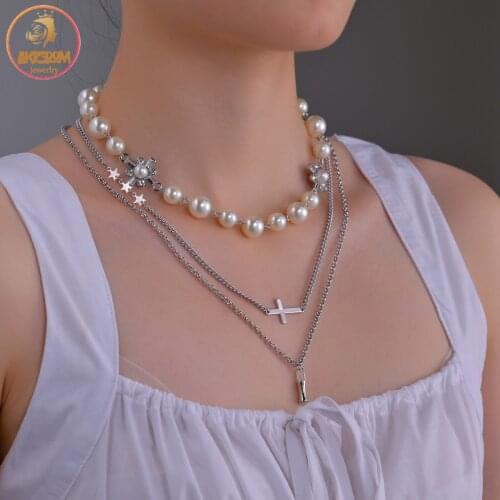 Akizoom Fashion Three Layer Pearl Clavicle Chain Cross Pendant Necklace Stainless Steel for Women Jewelry Gift Freeshipping