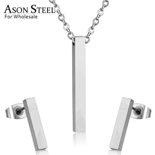 ASONSTEEL Silver Color Jewelry Set Stainless Steel Vertical Bar Pendant Necklace for Women/Men Anniversary Gift Fashion Earrings