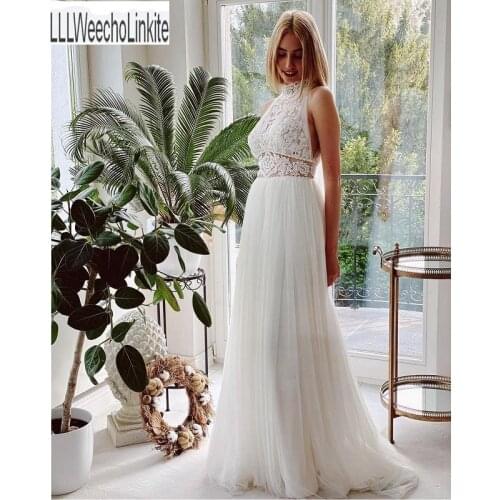 White Lace Tulle A-Line Wedding Dresses Chapel Train High Neck Floor-Length Strapless Bridal Gowns Custom Made