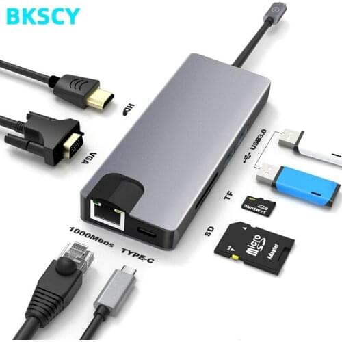 BkscyType C to 2USB SD Micro SD LAN VGA HDMI USBC Adapter Hub Extend PD Charge Dock 1000 Mbps Rj45 OTG for Macbook pro