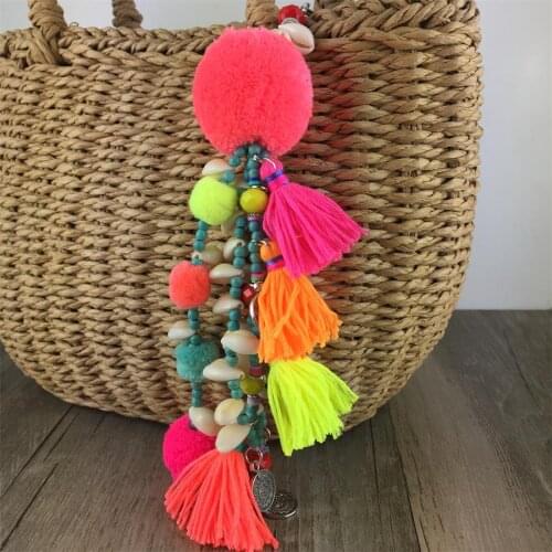 Boho Style Flower Charms Stone Beads With Pom Pom Keychain Colorful Tassel Key Ring Pendant Jewelry