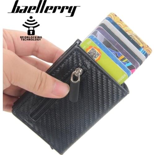 Baellerry PU Leather Men Antimagnetic Card Case Carbon Fiber Automatic Spring Card Suction Buckle Zipper Card Holder for Male