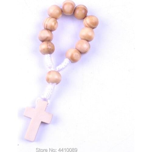 8 mm Wood Bead White Line Decade Cord Small Rosary 22*14 mm Wood Cross Charm