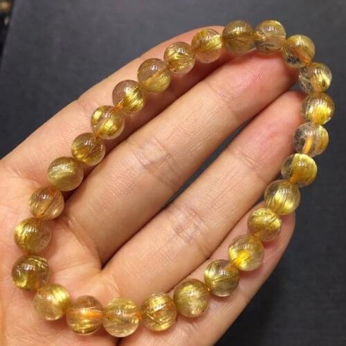 Genuine Natural Gold Rutilated Quartz Clear Round Beads Bracelet 7mm Women Men Fashion Wealthy Stone Genuine AAAAAA