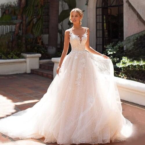 V-Neck See Through Lace Applique Tulle Illusion Back Boho Wedding Dress 2020 Vestido De Noiva