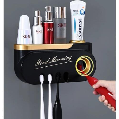 GURET Wall Mounted Toothbrush Holder Automatic Toothpaste Squeezer Multifunctional Storage Rack For Bathroom Accessories Sets