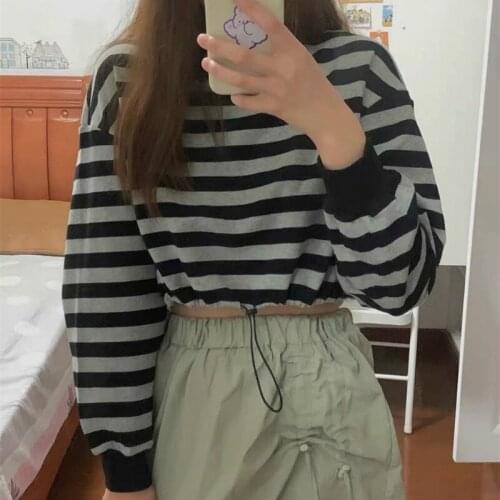 NCLAGEN 2020 Autumn Fashion Black And White Striped Crop Sweatshirt Long Sleeve Loose Casual Pullovers Streetwear Women Tops