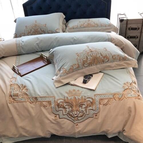 Luxury Embroidered Blue Soft Thicken Sanding Royal Bedding sets Queen King Western Duvet cover Bed sheet set Pillowcases 4pcs
