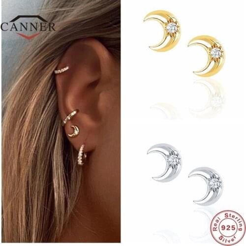 CANNER Real 925 Sterling Silver Mini Moon Diamond Zircon Stud Earrings For Women Piercing Earring Earings Jewelry Pendientes