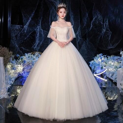 Vestido De Noiva 2020 Noble Boat Neck Wedding Dress Floor-length Lace Up Ball Gown Vintage Off The Shoulder Princess Bride Dress