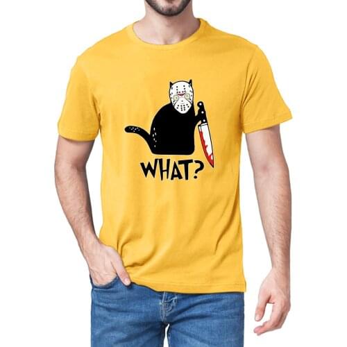 Funny Black Cat What Murderous Cat Holding Knife Jason Voorhees Halloween Character Gift Fan Mens Novelty Oversized T-Shirt Tee