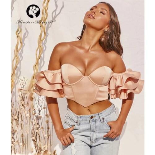 Womens Sexy Satin Ruched Ruffle Sleeve Off Shoulder Back Zipper Boned Crop Tops Club Party 2021 Summer Streetwear Croptop Shirt