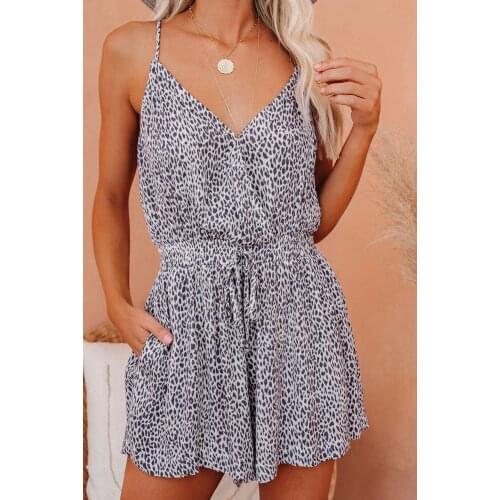 Spaghetti Straps V Neck Leopard Elastic Waist Romper Women Summer Casual Beach Holiday Short Jumpsuit One Piece