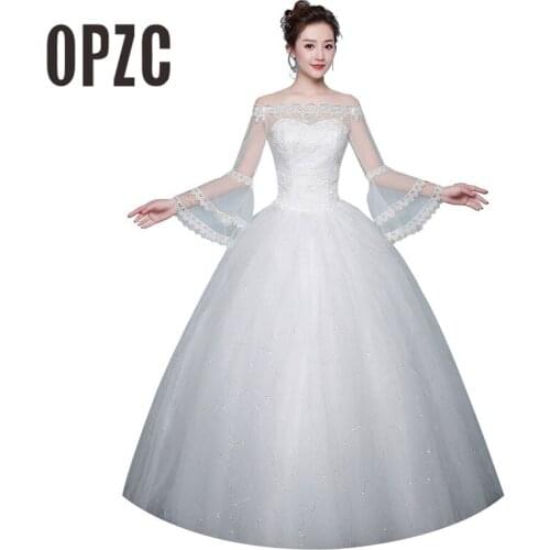 Hot Sale Vintage Korean Lace Boat Neck Princess Wedding Dress Vestidos De Novia Long Flare Sleeve Appliques Embroidery