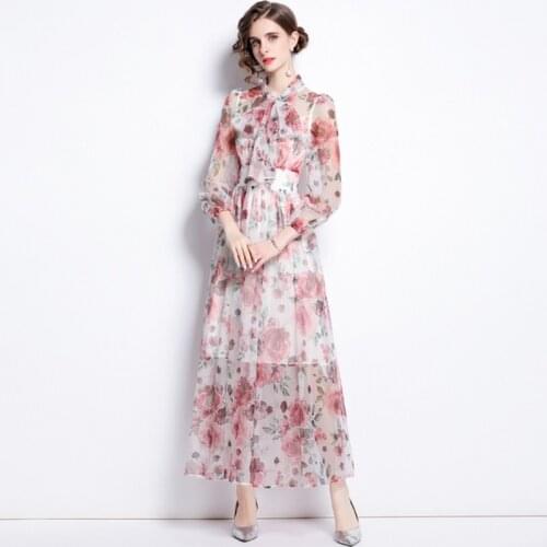 New Autumn Mesh Flower Printed Loose Bow Long Sleeve Women Beach Oversized Holiday Floral Long Maxi Slim Dress Vestidos