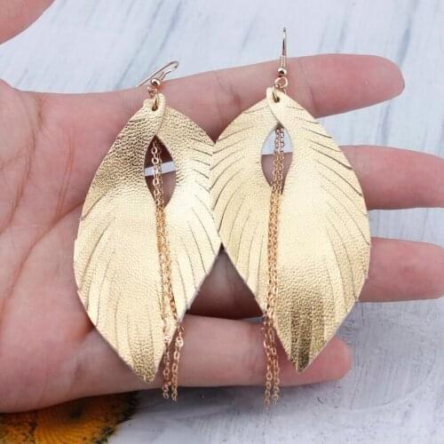 ZWPON Link Chain Tassel Hypoallergenic Tan Leather Feather Earrings for Women Fringed Leaf Earrings Jewelry Wholesale
