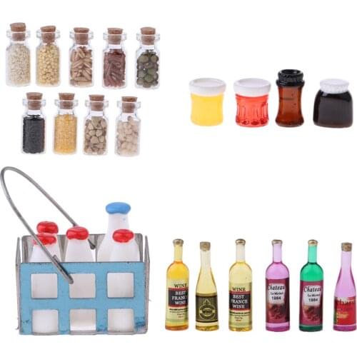 1/12 Dollhouse Foods Groceries Milk Basket Wine Bottles Glass Jar Room Items Accessory