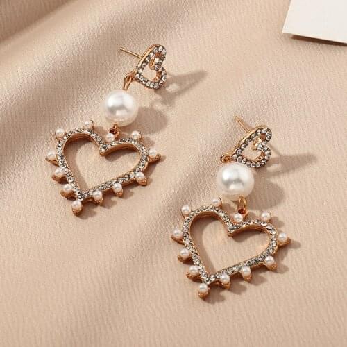 2PC Unusual Earrings for Women Jewelry 2020 Jewelry Long Full Drill Hollow Out Love Earrings Elegant Pearl aAccessories Earrings