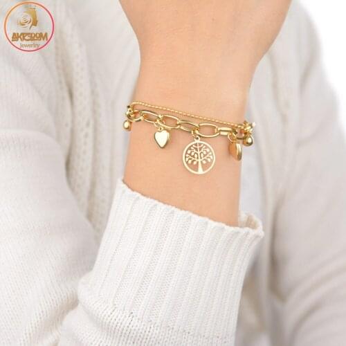 Akizoom Fashion Punk Bangles Stainless Steel Gold Color Life Tree Heart Double Layers Bracelets for Women Charm Jewelry Gift